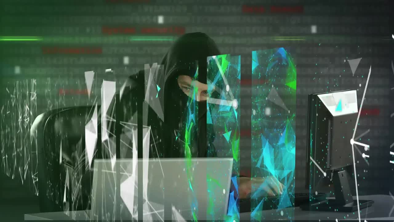 animación de procesamiento de datos y formas sobre hacker masculino caucásico