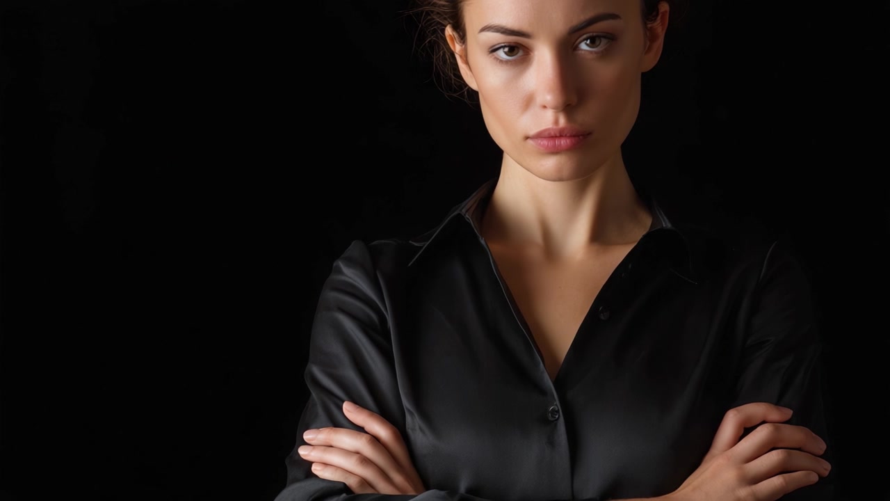 Una donna sicura di sé sta in piedi con le braccia incrociate, emanando forza e determinazione contro uno sfondo scuro, mostrando la sua compostezza e il suo atteggiamento serio.