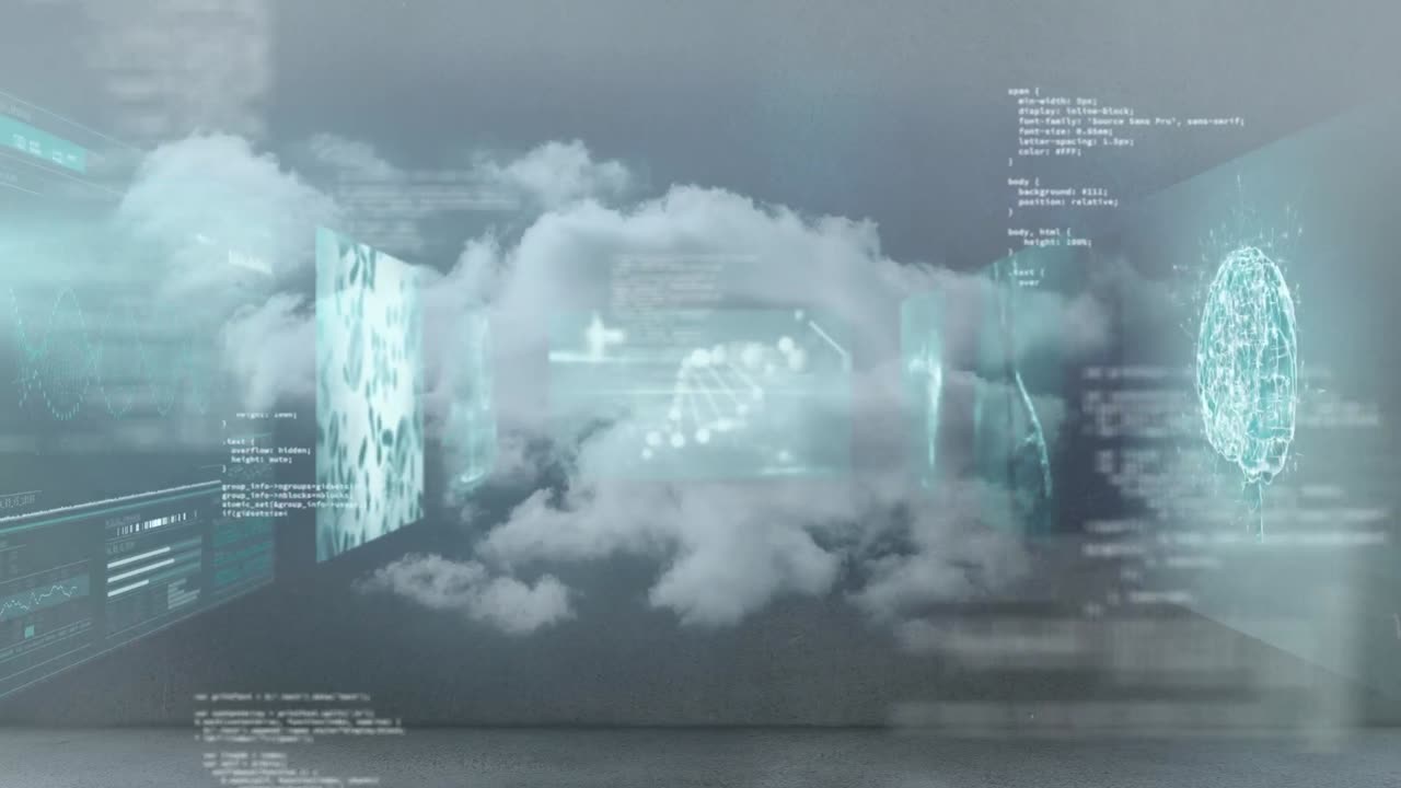 Animation of data processing on screens over clouds