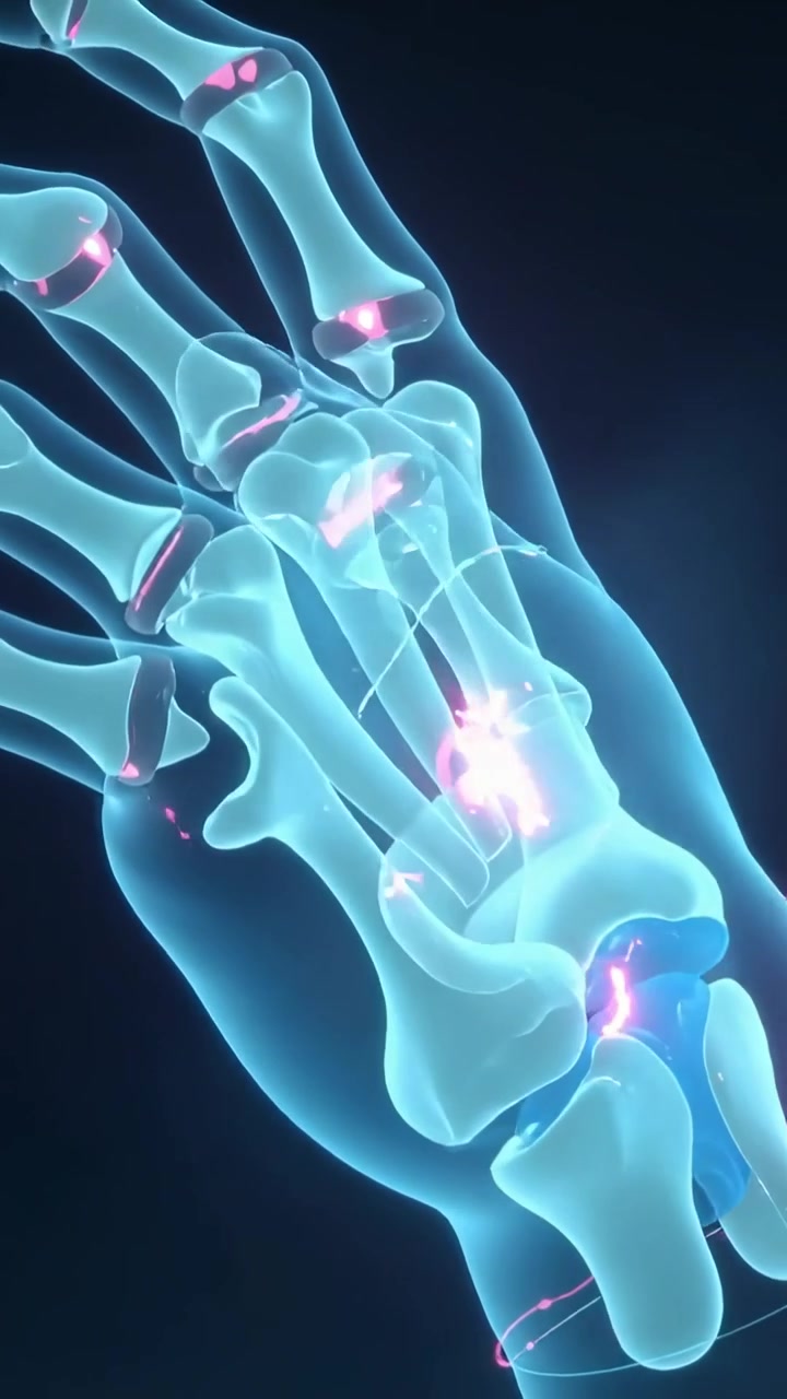 Video verticale: Scheletro di mano ciano rotante con nodi pulsanti in laboratorio, che mostra un cuscinetto per il polso in azione.