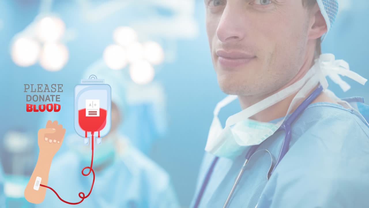 웃는 남성 의사 위에 혈액 기증 문자의 애니메이션