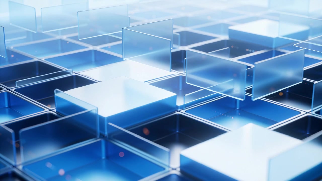 Emitting pulse, central lit block rising from tile grid on digital set, translucent panels tilting