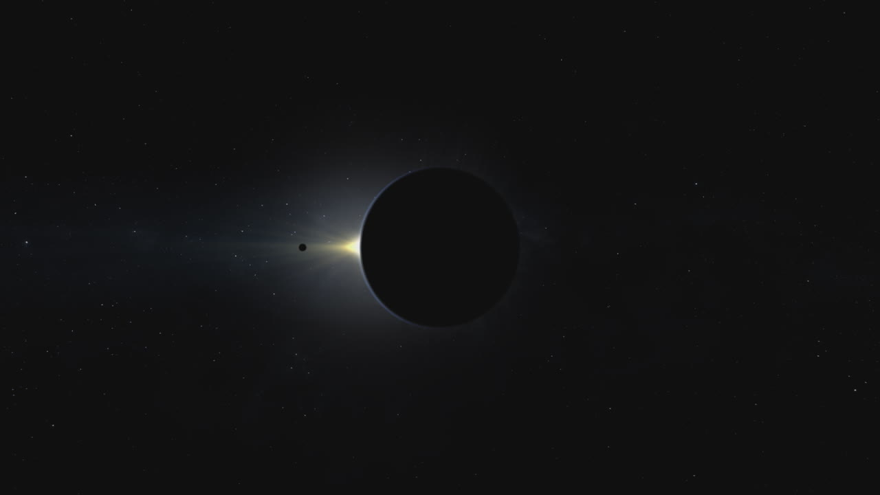 A large sphere eclipses a bright star in outer space