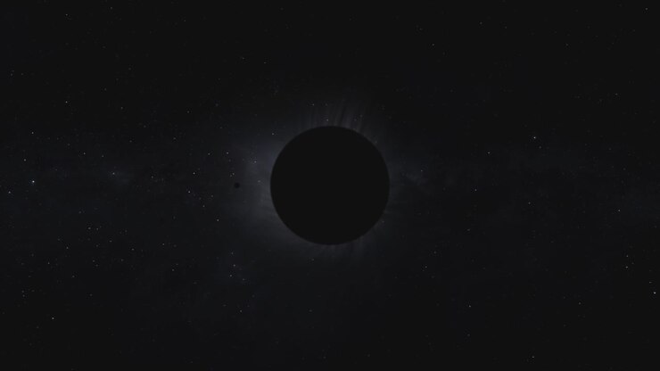 A large sphere eclipses a bright star in outer space