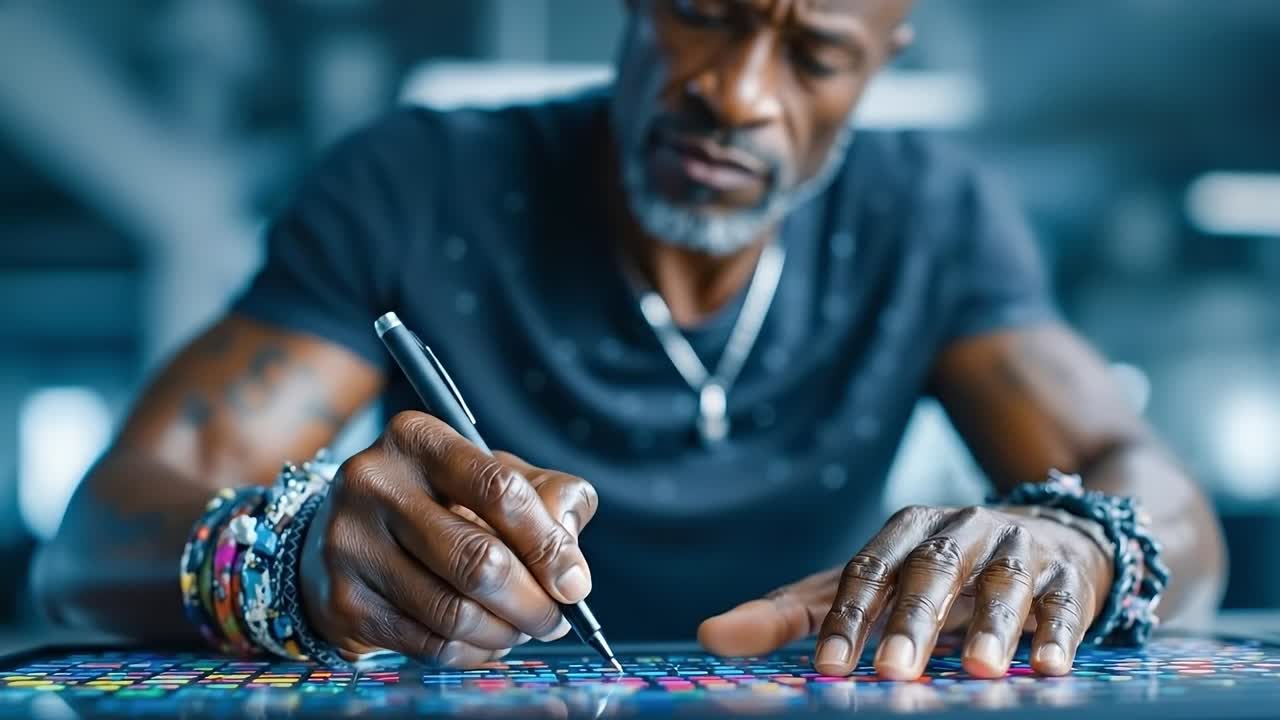 A man sitting at a table writing on a piece of paper with a pen