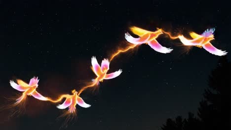 a stunning visual journey of colorful birds in flight, captured in two frames showcasing their radiant transformation and enchanting electric energy against a starry sky