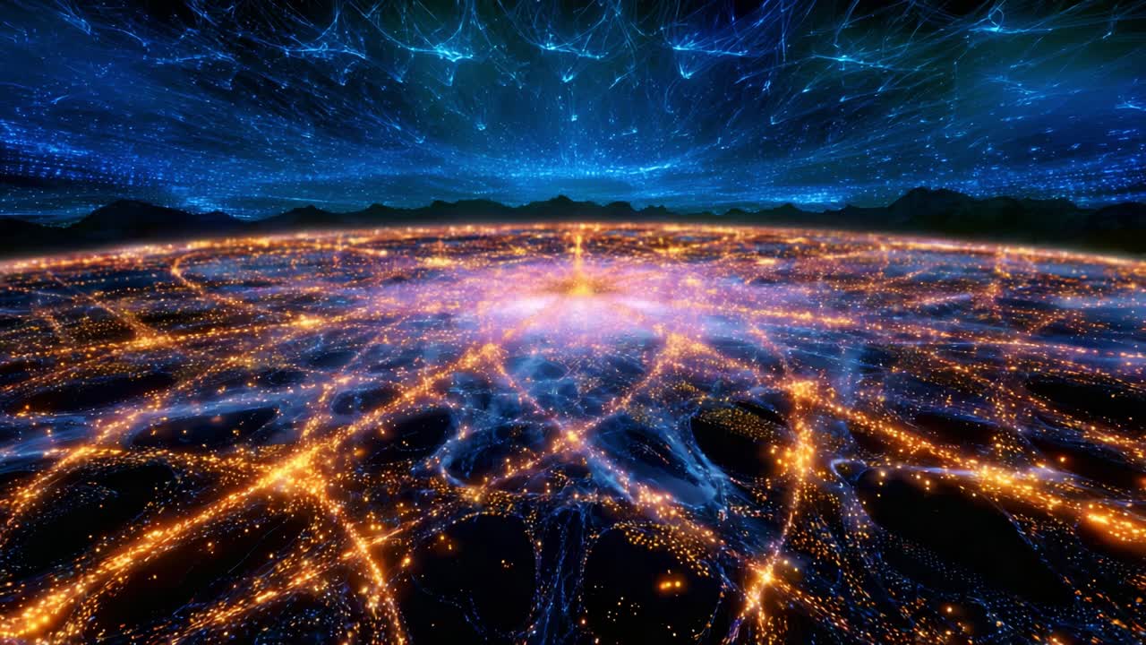 A Stunning Visualization of Cosmic Connections: This digital art piece captures the breathtaking beauty of a vast cosmic landscape, showcasing luminous energy networks radiating from a central point amidst a starry sky