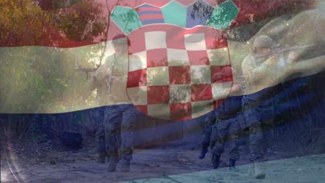 Animation-Der-Flagge-Kroatiens-über-Verschiedenen-Männlichen-Soldaten,-Die-Mit-Waffen-Gehen