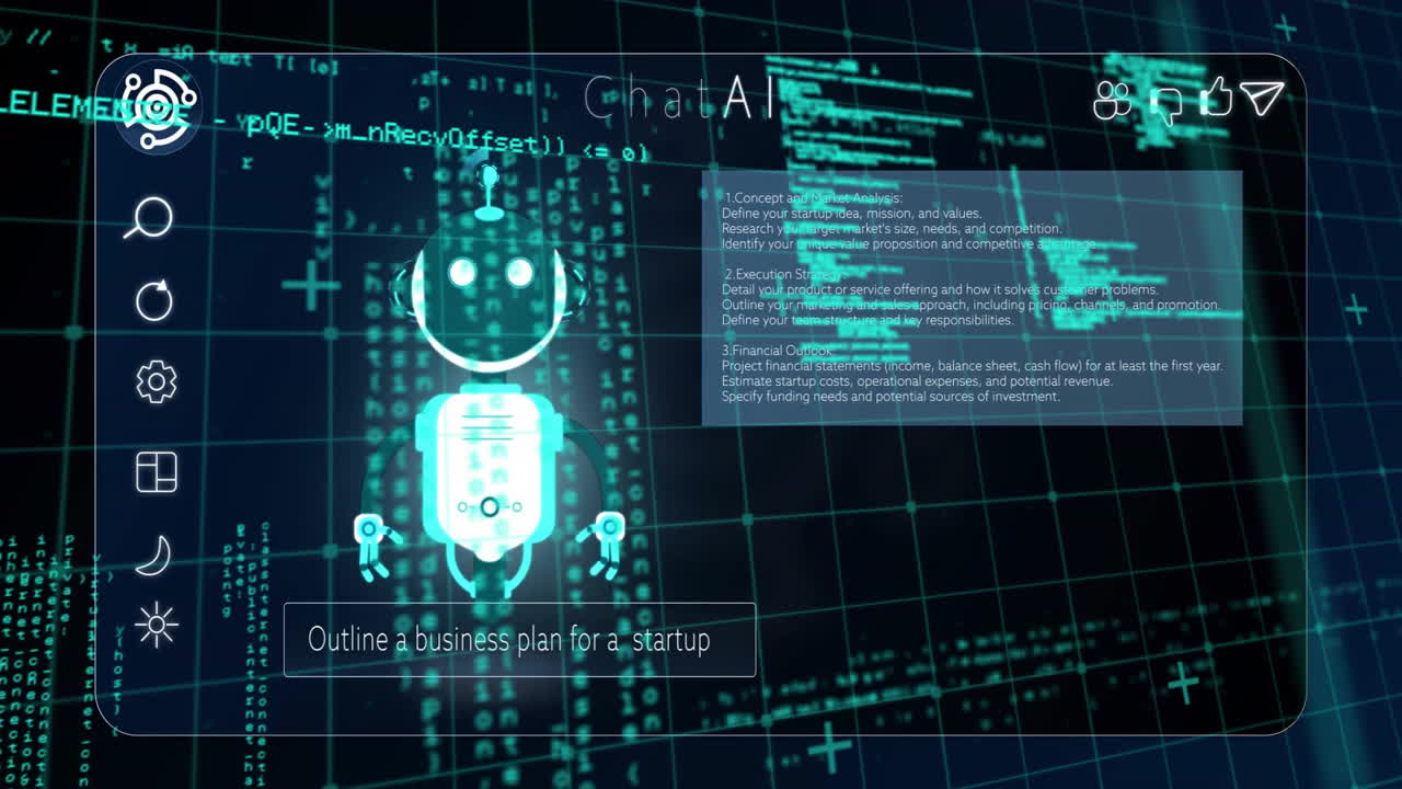 Animation of ai chat over data processing on black background