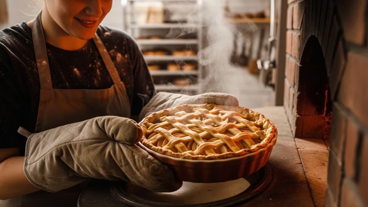 A Baker's Delight: Freshly Baked Pie Emerges from the Oven, Capturing the Joy of Homemade Pastry in a Cozy Kitchen Setting