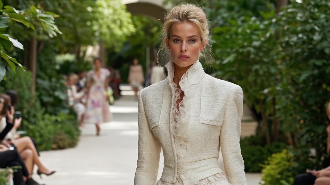 Elegante modella bionda che cammina lungo un sentiero in giardino indossando una sofisticata giacca di pizzo bianco