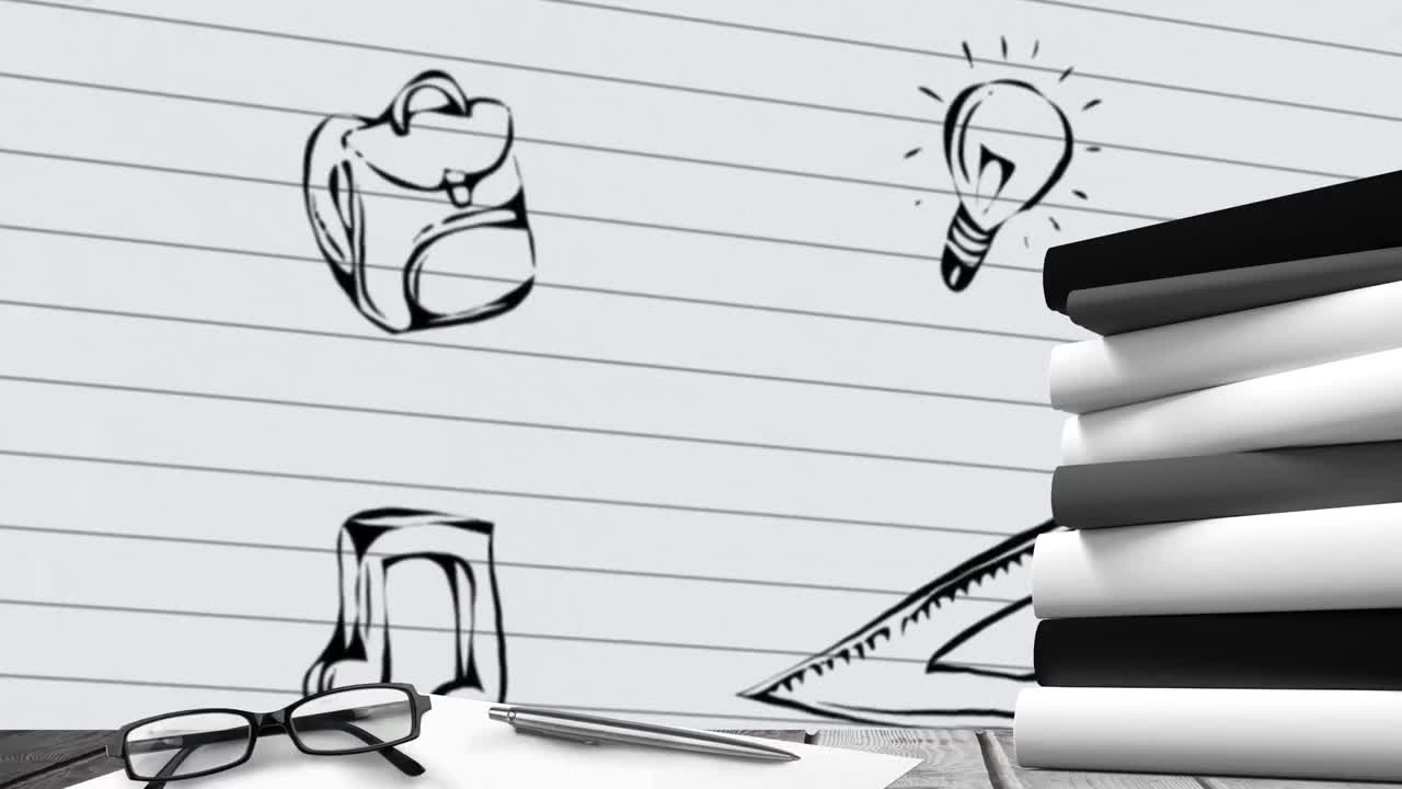 animación de objetos escolares que caen sobre un fondo blanco