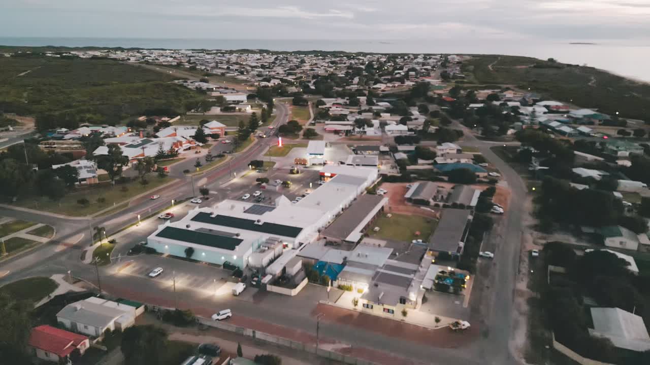 Aerial footage advancing from he Jurien Bay Tourist Park to the rest of the town, which the Indian Ocean Drive cuts across