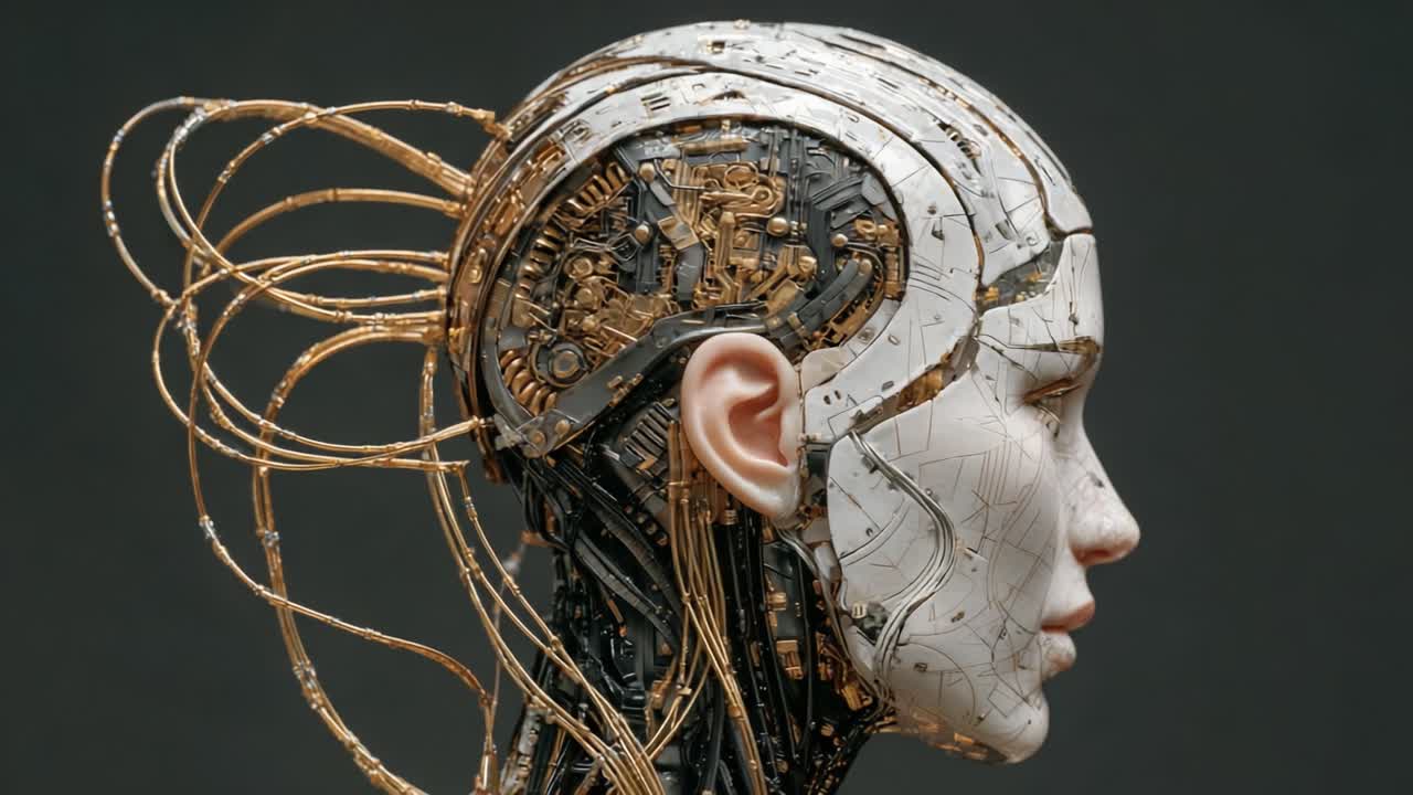 An Intricate Examination of a Futuristic Android's Head Showcasing Advanced Technology, Combining Natural Facial Features with Complex Mechanical Elements in a Striking Visual Contrast