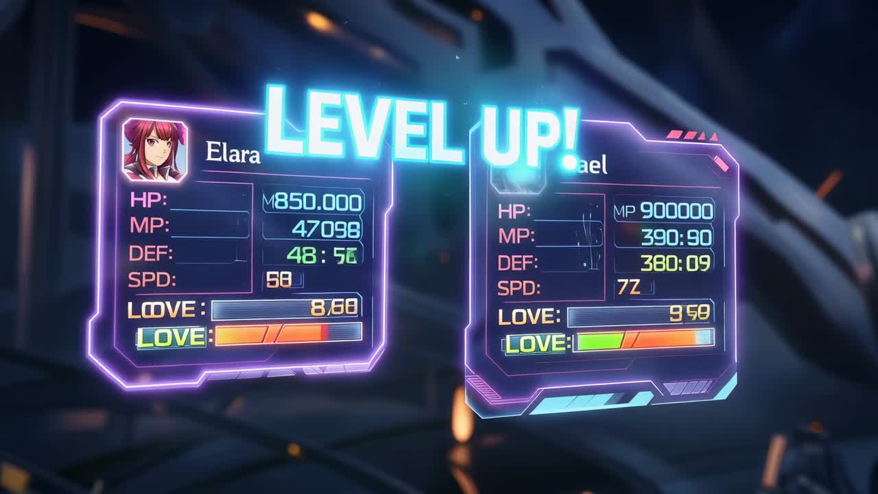Animating Elara and Kael cards updating HP or MP or DEF or SPD and LOVE with LEVEL UP banner in sci-