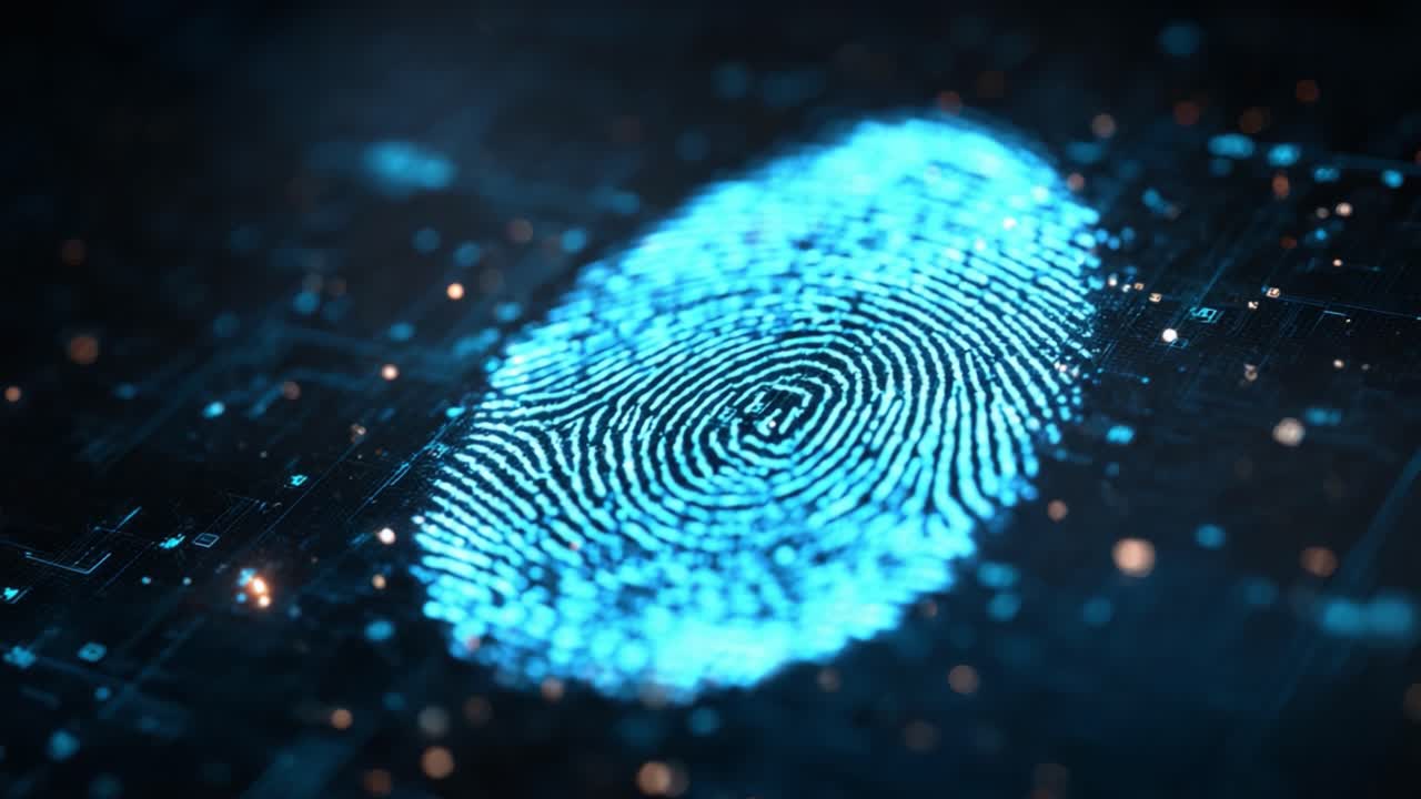 A Close-Up View of a Digital Fingerprint Against a High-Tech Background Showcasing Advanced Security Technology and Biometric Recognition Systems