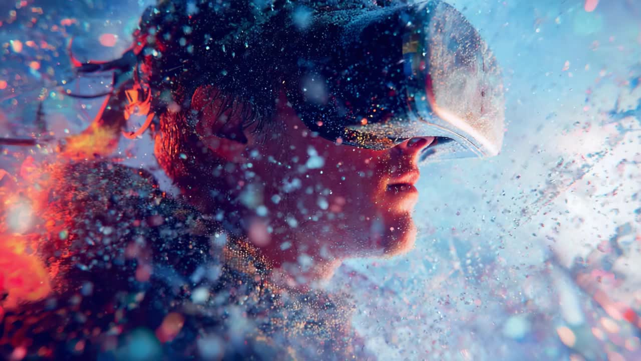 Immersed in a Digital Fantasy: A Player Experience in Virtual Reality Surrounded by a Kaleidoscope of Colors and Particles, Capturing the Essence of Advanced Gaming Technology