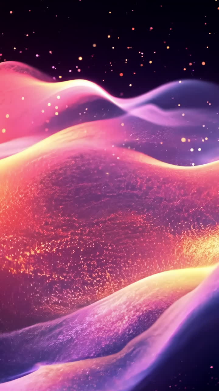 A colorful, abstract image of a landscape with purple, orange, and blue waves. The image has a dreamy, surreal quality to it, with the colors blending