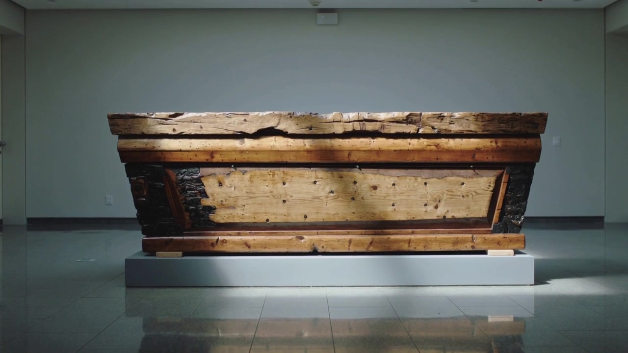 Pulling back camera revealing wooden sculpture on low plinth in gallery, revealing full work
