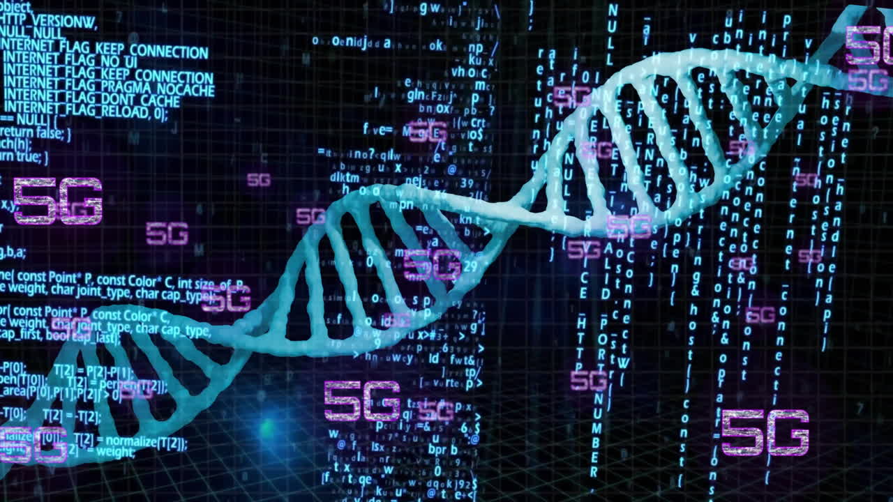Animation of dna strand over data processing with 5g on black background
