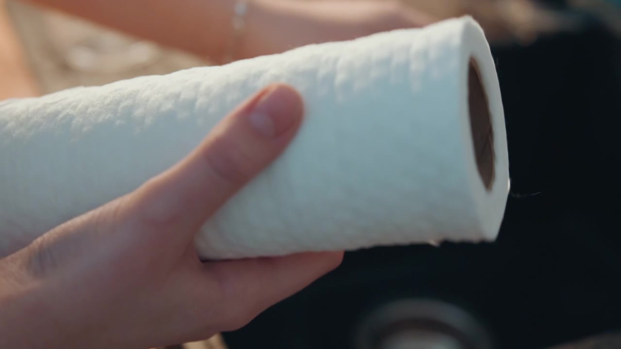 Reinigung im Gange. Hände reißen vorsichtig ein Papiertuch neben dem Spülbecken für die Kochvorbereitung ab. Sanftes warmes Licht hebt die Finger hervor, während sie Gläser und Arbeitsflächen für den Kochvorgang vorbereiten.