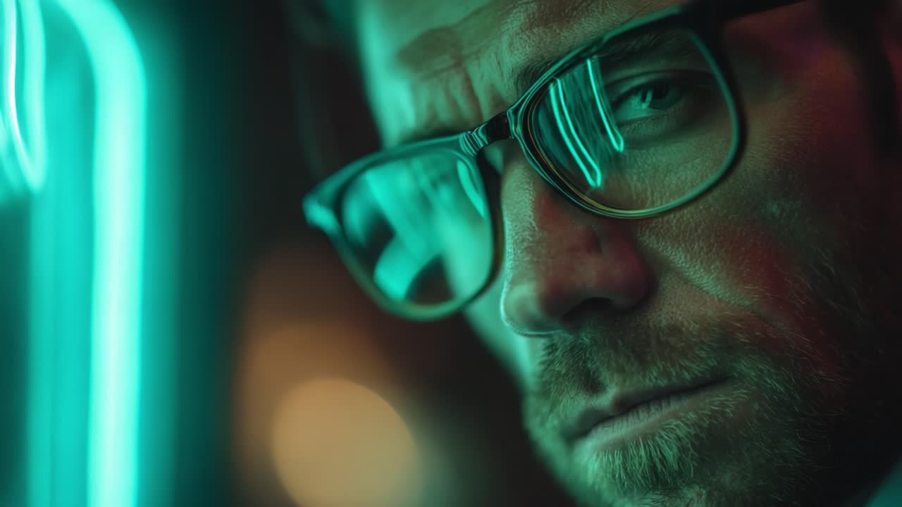 Intense Close-Up of a Thoughtful Individual Bathed in Neon Light, Capturing the Depth of Emotion and Contemplation Amidst a Dreamy Background Atmosphere