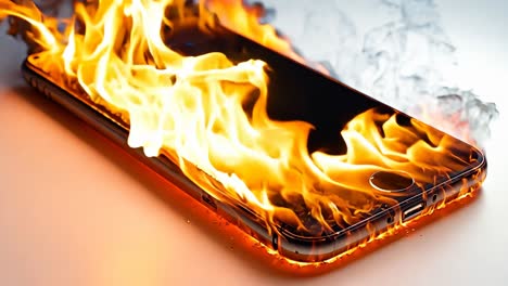 un teléfono celular en llamas con humo saliendo de él