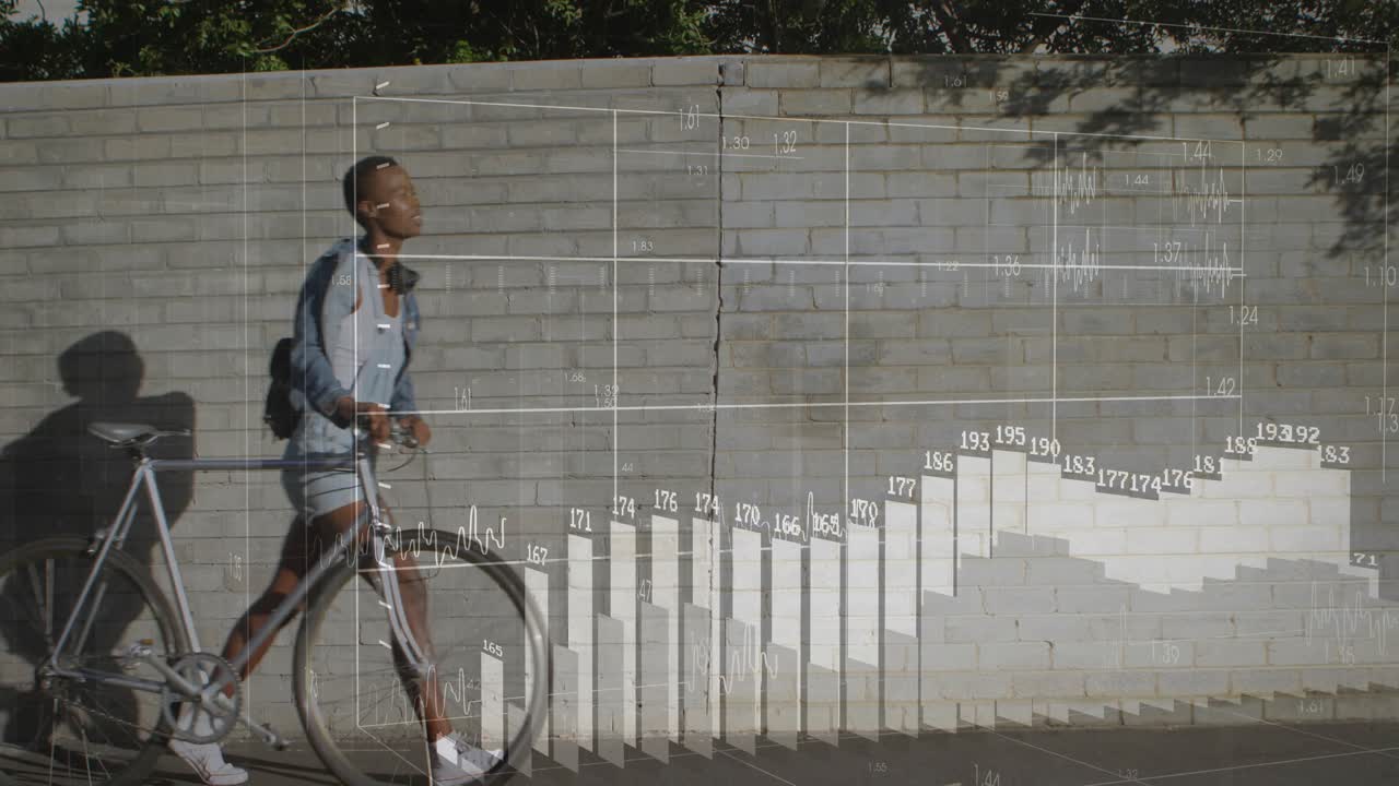 woman pushing bicycle and stepping on grid while activating fitness-tracking heart-rate charts
