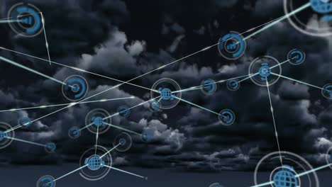 Animation-of-networks-of-connections-over-clouds-and-sky