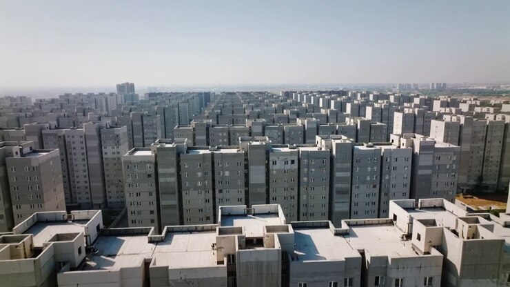 Drone panorâmico avançando revelando moradias de média altura na periferia da cidade para mostrar profundidade, com aberturas de ventilação