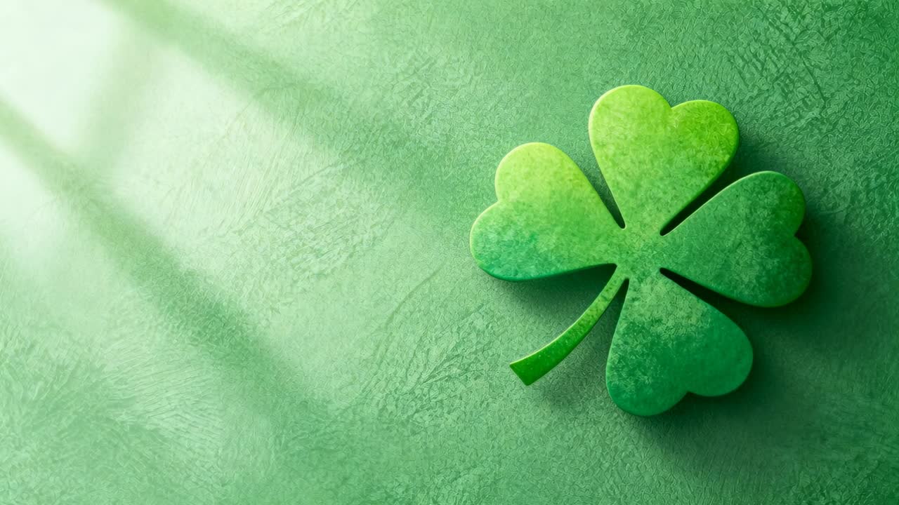 Resting four-leaf clover getting diagonal light, casting shadow on rough green backdrop, copy space