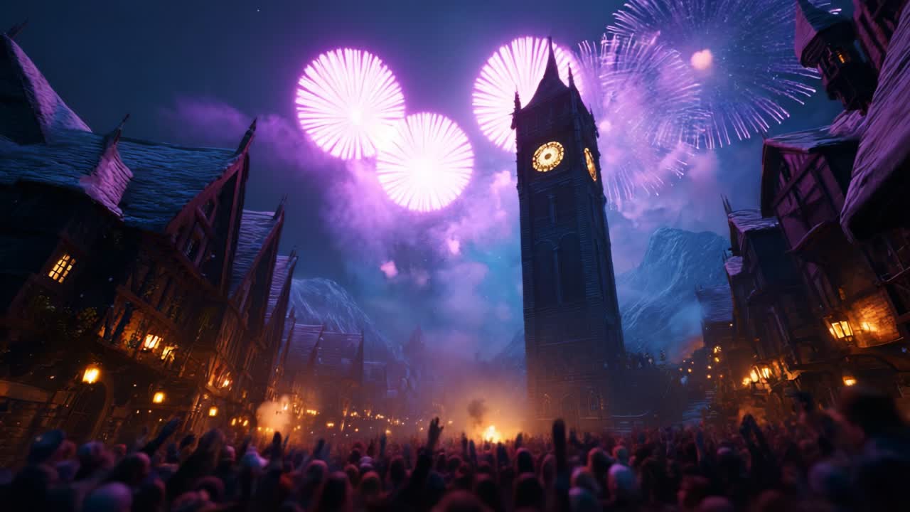 A Spectacular Nighttime Celebration Featuring a Majestic Clock Tower Surrounded by Historic Architecture, Colorful Fireworks, and a Joyous Crowd Under a Starry Sky Filled with Excitement and Festivity