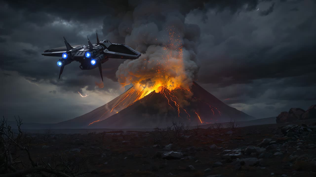 Spaceship over Erupting Volcano