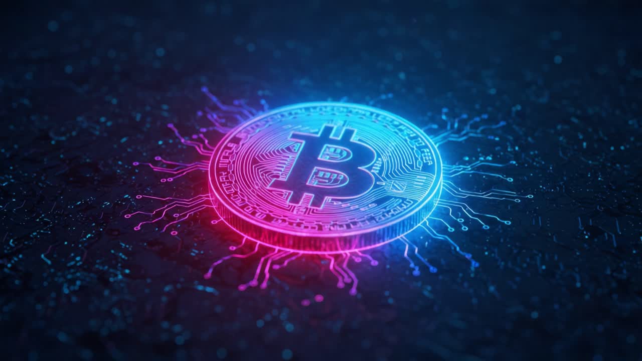 A Vibrant Digital Bitcoin Coin Glowing with Electric Circuits, Showcasing the Fusion of Cryptocurrency and Technology in a Futuristic Environment