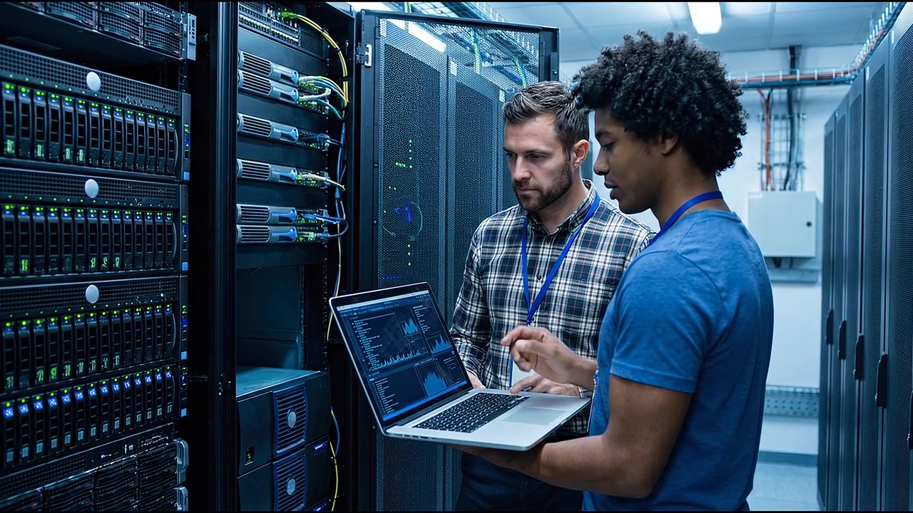 Information technology specialists managing server infrastructure and network systems inside data center