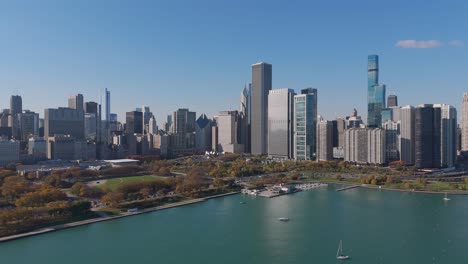 aerial establish shot view of chicago pier harbour and modern usa city buildings