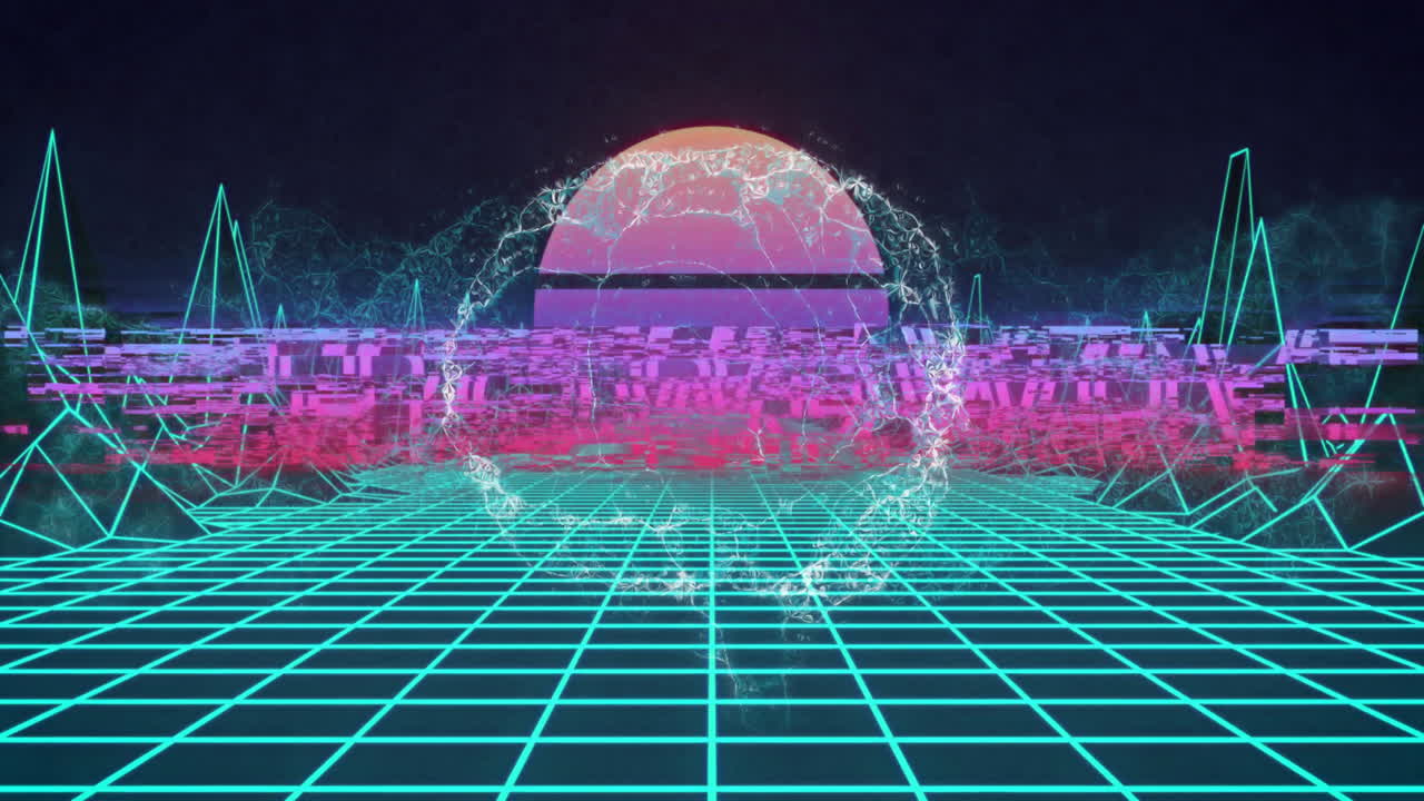 Glitching wireframe sphere floating amid retro neon grid stretching under glowing RETROWAVE text