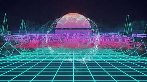 glitching wireframe sphere floating amid retro neon grid stretching under glowing retrowave text