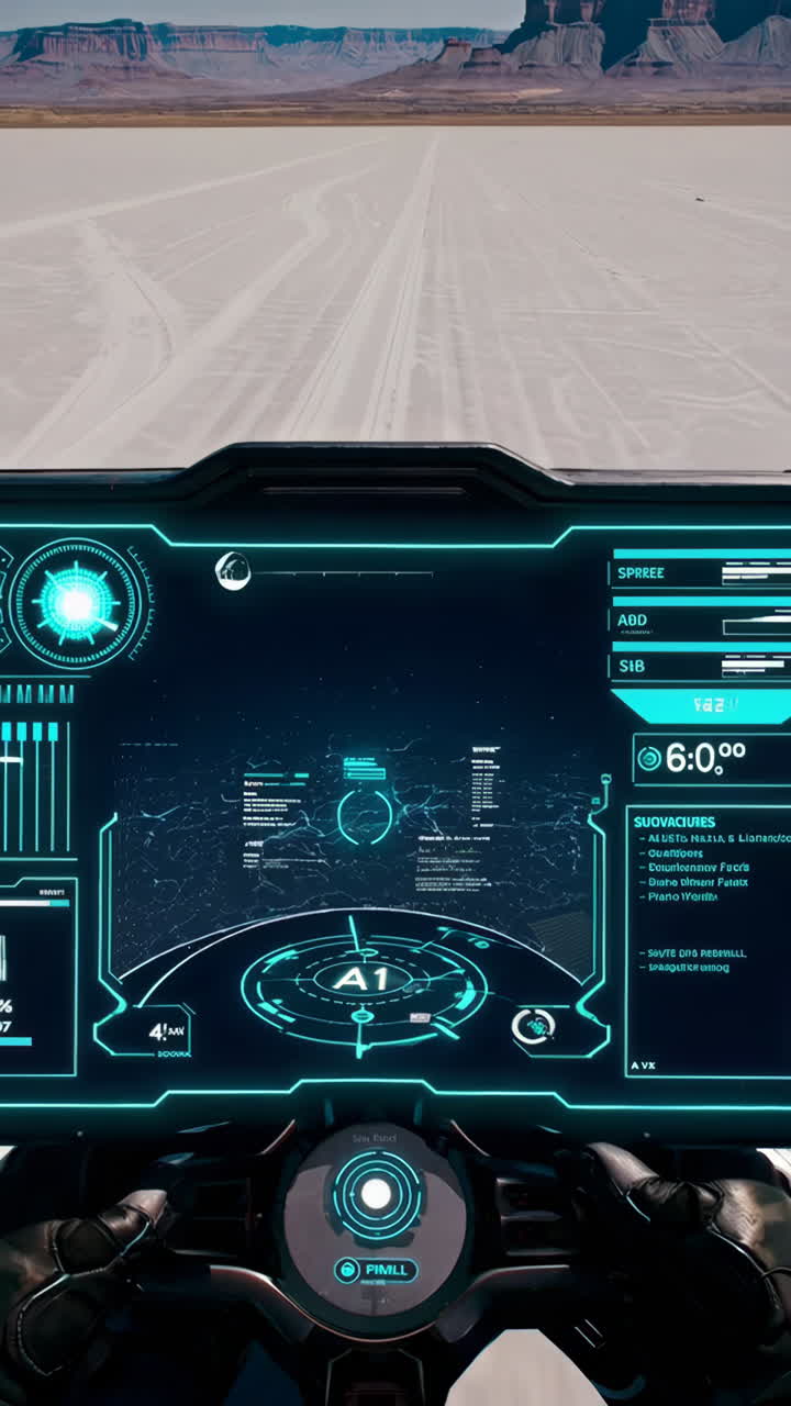 Woman Riding Motorcycle in Desert Landscape Towards Future City