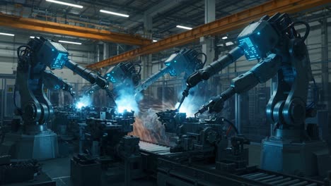advanced robotic arms performing precision welding in an industrial factory setting, showcasing the future of automated manufacturing and the efficiency of modern technology