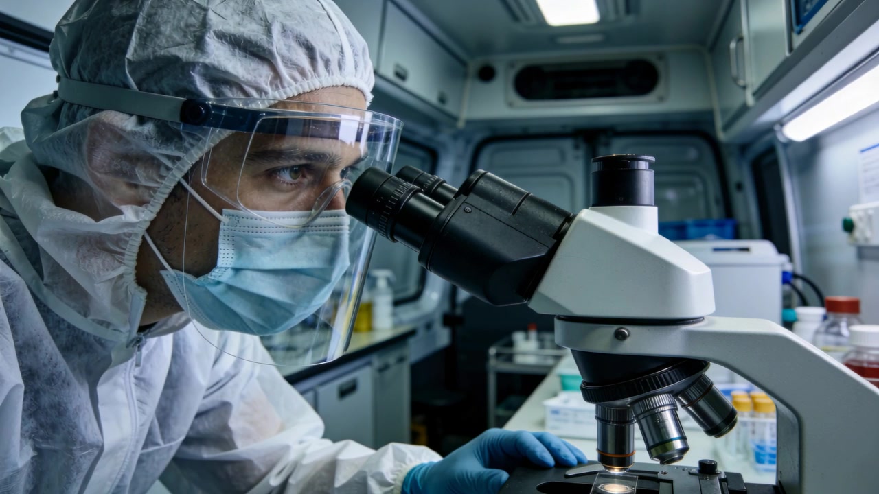 Sliding glass slide, scientist peering into microscope and focusing at bench, in PPE for analysis