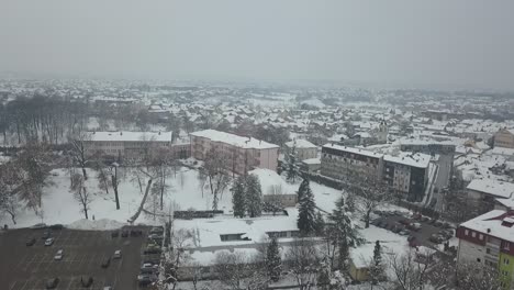 Vista-Aérea-De-Un-Pequeño-Pueblo-Cubierto-De-Nieve