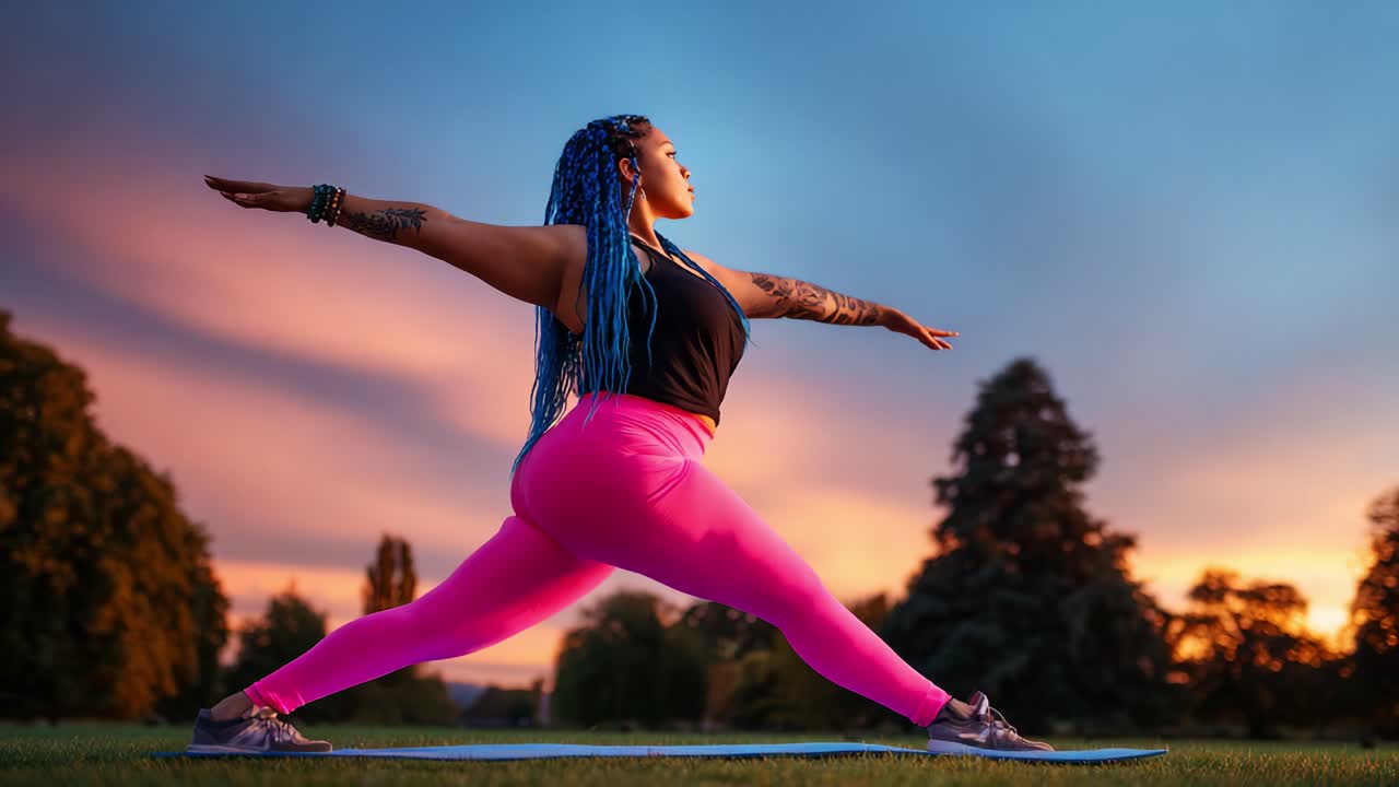 Empowered Woman Practicing Yoga Against a Stunning Sunset Sky, Showcasing Strength, Grace, and Serenity Through the Warrior Pose in a Tranquil Outdoor Setting