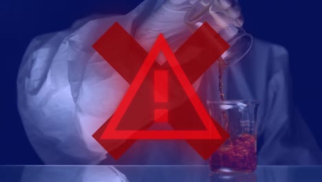 signo de advertencia de triángulo rojo sobre el científico que trabaja en el fondo.