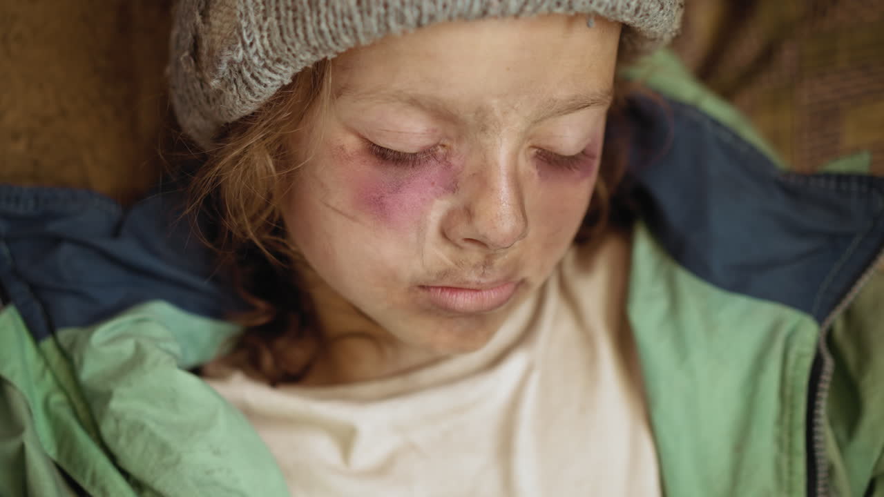 Close up of sick young girl with bruised face and closed eyes, wearing knit cap and worn out jacket, resting with sad expression, evoking vulnerability, and hardship in muted indoor environment