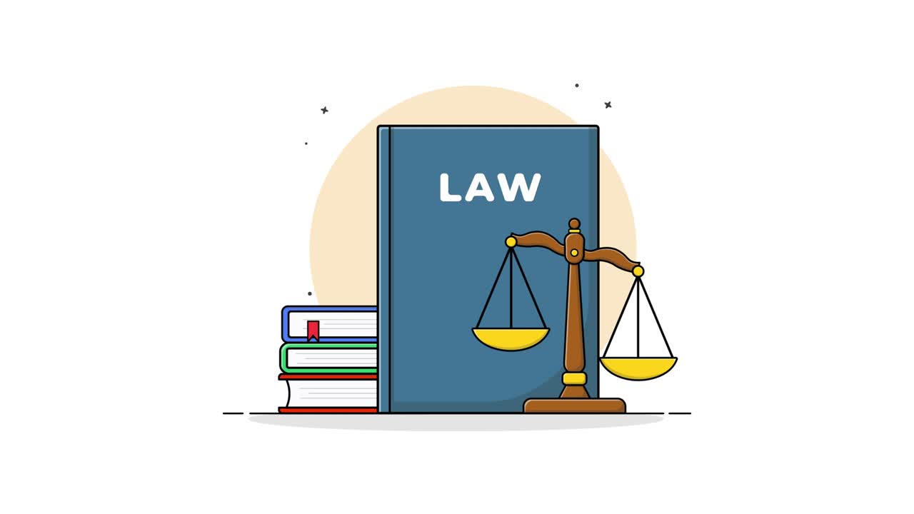 Libro di diritto animato, pila di libri e bilancia della giustizia