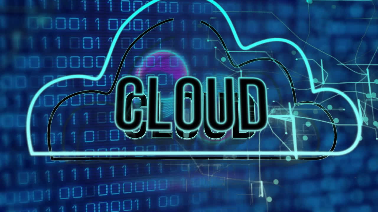 Animation of cloud text in cloud, illuminated lines over binary codes against abstract background