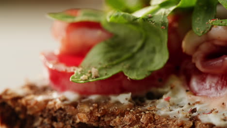close-up view of a delicious sandwich with ham, tomatoes, and arugula