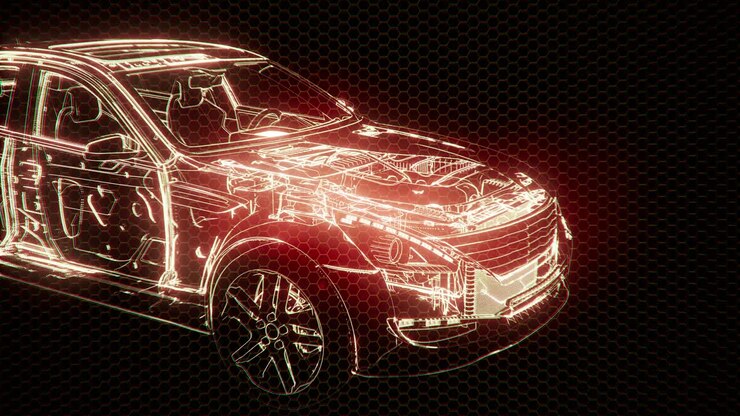Animazione olografica di modello auto wireframe 3D con motore