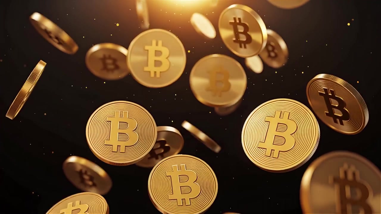 Bitcoin in rotazione su sfondo nero drammatico 4k